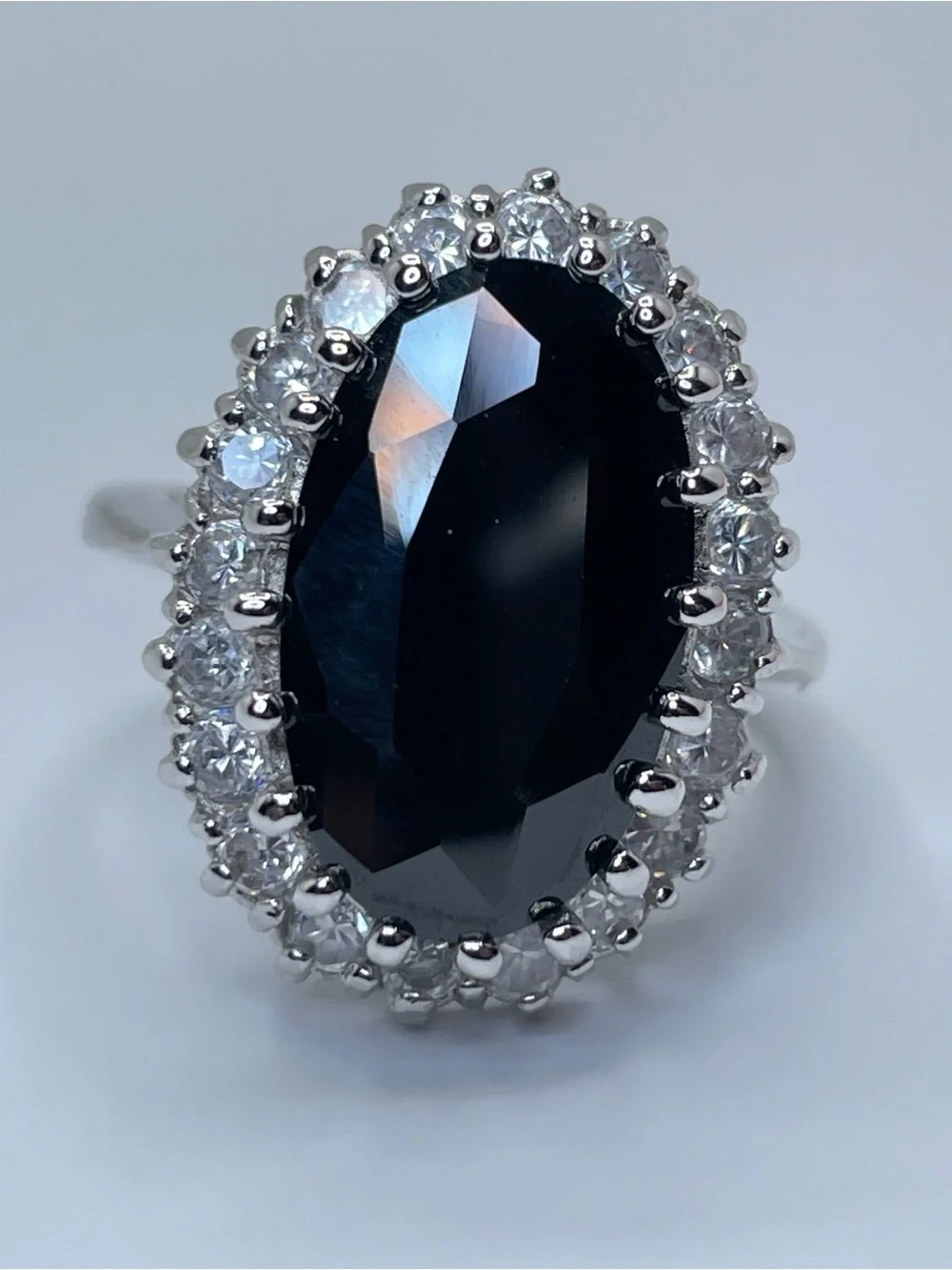 Onyx Black Diamond White Swarovski Crystals Oval Halo Ring Silver Statement Sz 7